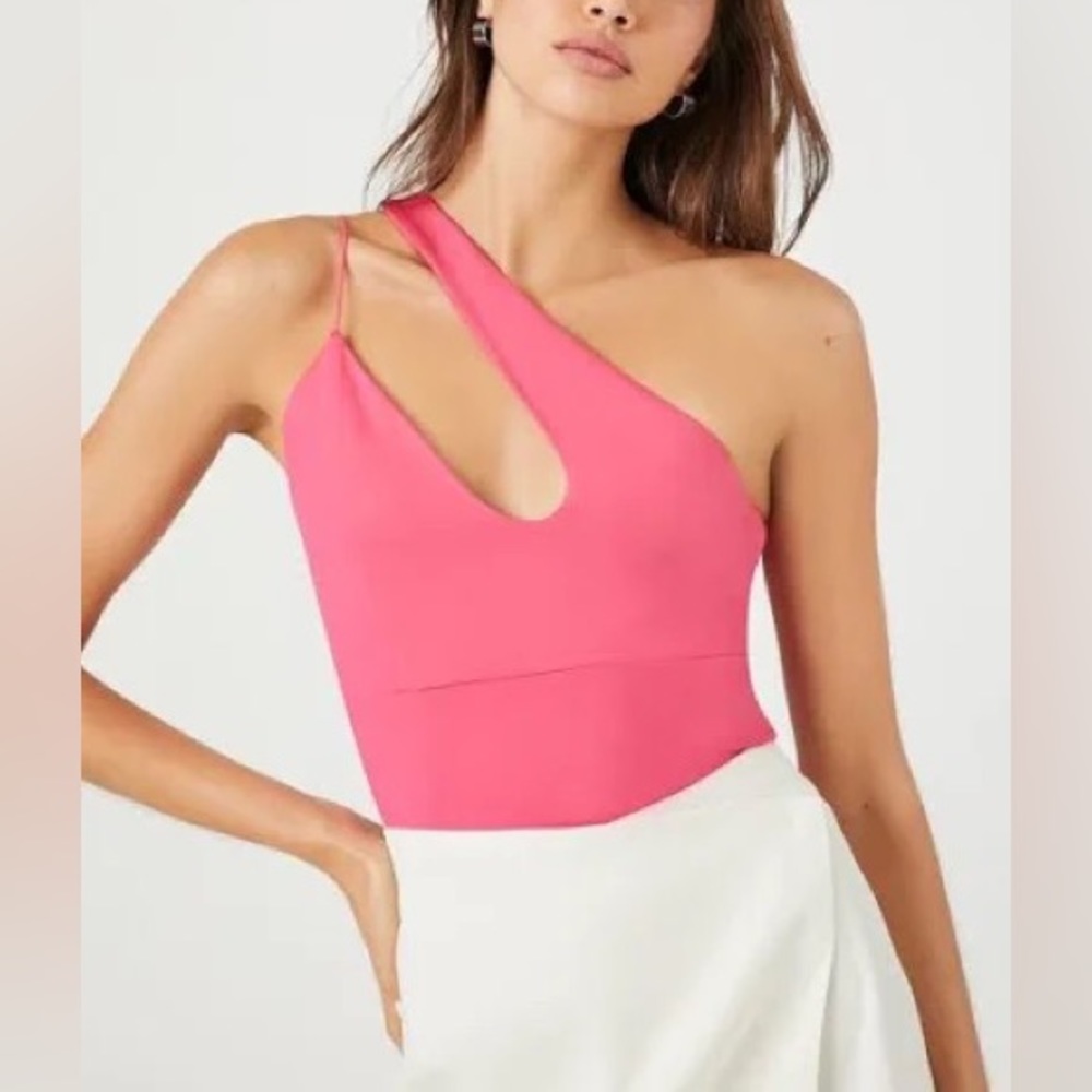 Deep v light pink bodysuit with adjustable straps and thong one shoulder f21